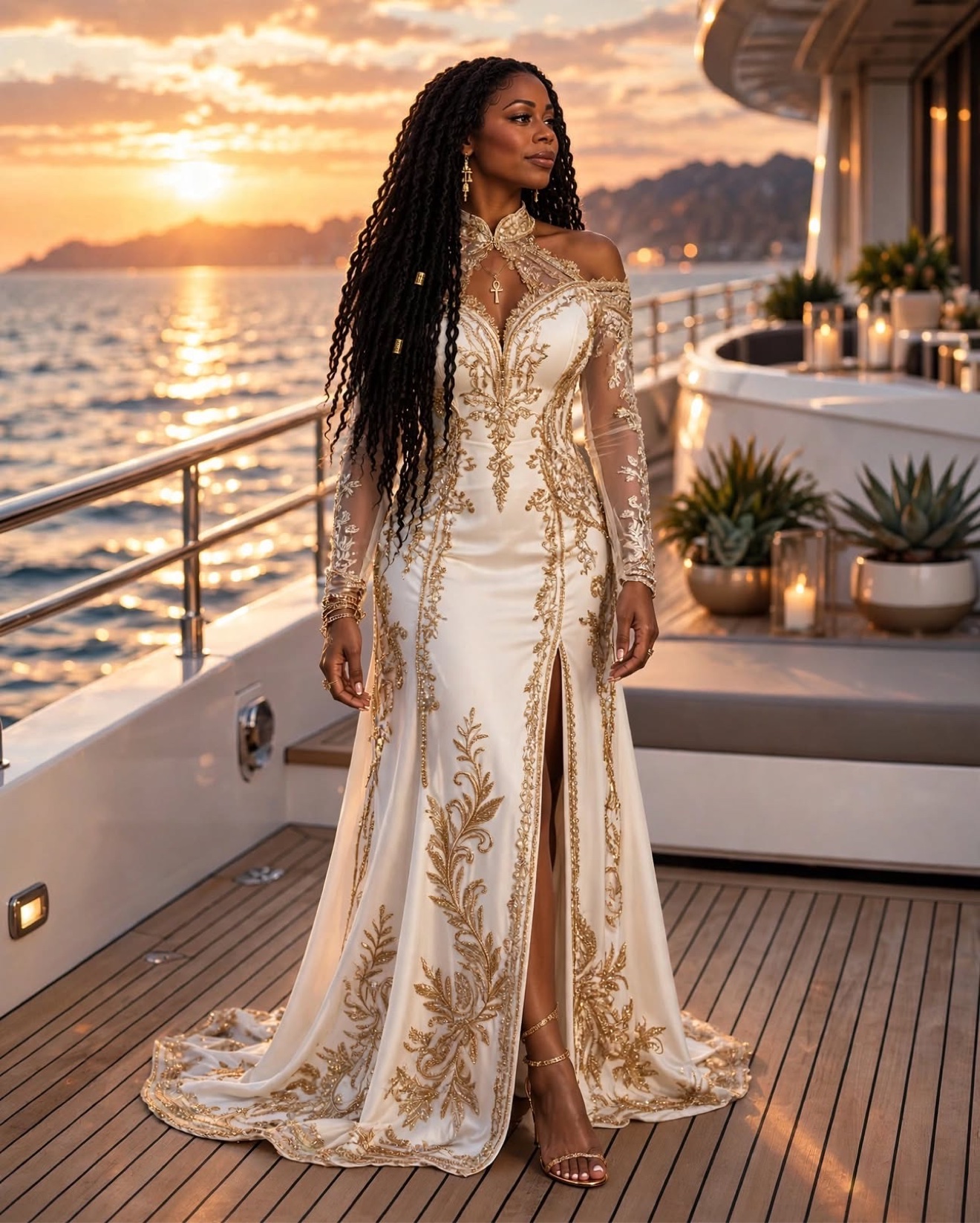 Bria White in a white and gold embroidered gown on a yacht at sunset. Synthetic AI artist.