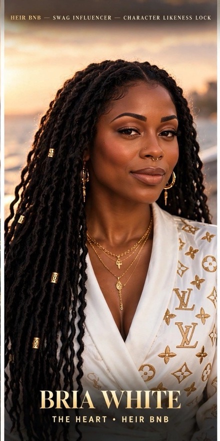 Bria White, synthetic AI travel crew heart — character likeness lock portrait