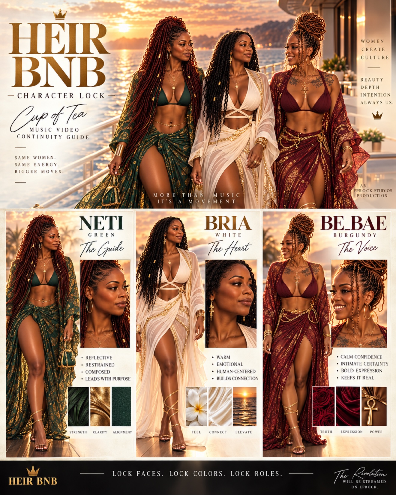 HeirBNB character lock continuity guide — Neti Green, Bria White, Be_Bae Burgundy. Synthetic AI artists.