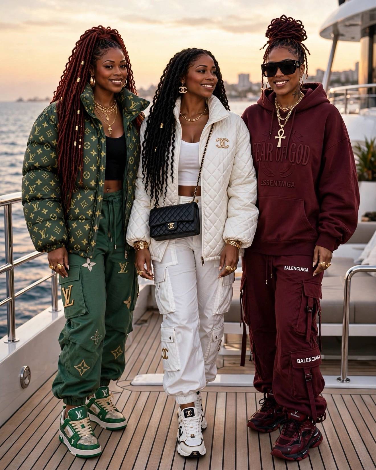 HeirBNB trio — Neti Green, Bria White, and Be_Bae Burgundy together on a yacht at sunset